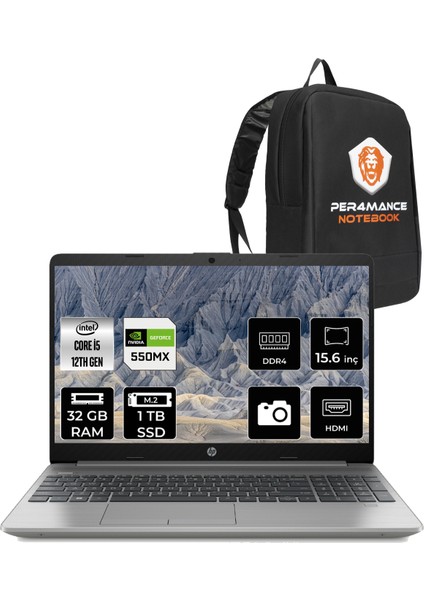 250 G9 Intel Core i5 1235U 32GB 1TB SSD MX550 15.6'' FHD FDOS Taşınabilir Bilgisayar & PER4 Çanta 6Q8M7ES176