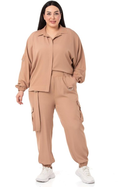 Büyük Beden Gömlek Pantolon Vizon İkili Takım