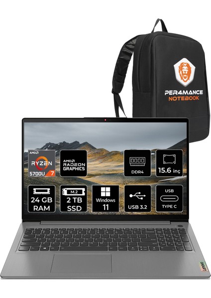 Ideapad 1 Amd Ryzen 7 5700U 24GB 2tb SSD 15.6" Fhd W11P Taşınabilir Bilgisayar 82R4006FTR & Per4 Çanta 82R4006FTR210