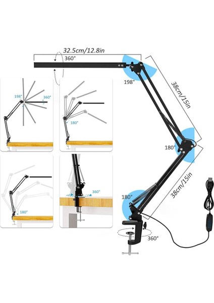 LED Masa Lambası Kelepçeli Ayarlanabilir Katlanabilir 3 Renk Modlu LED