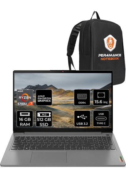Ideapad 1 Amd Ryzen 7 5700U 16GB 512GB SSD 15.6" Fhd Fdos Taşınabilir Bilgisayar 82R4006FTR & Per4 Çanta 82R4006FTR175