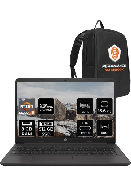 255 G8 AMD Ryzen 5 5500U 8GB 512GB SSD 15.6" FHD FDOS Taşınabilir Bilgisayar & PER4 Çanta 7N4W6AA170