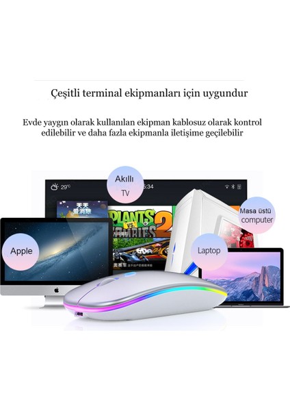 Kablosuz Bluetooth Sessiz LED Mause Şarj Edilebilir 2.4g Ergonomik Mini Fare USB Optik Pc Dizüstü