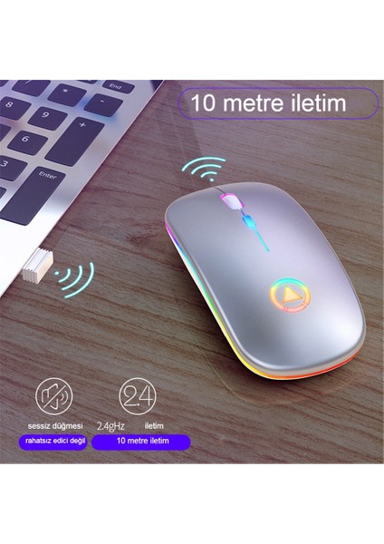 Kablosuz Bluetooth Sessiz LED Mause Şarj Edilebilir 2.4g Ergonomik Mini Fare USB Optik Pc Dizüstü