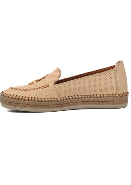 394162 Bej Hakiki Deri Kadın Loafer Ayakkabı GENİŞ KALIP