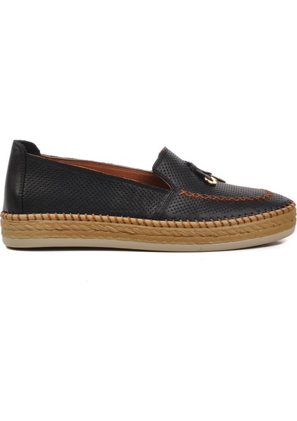 394162 Siyah Hakiki Deri Kadın Loafer Ayakkabı GENİŞ KALIP