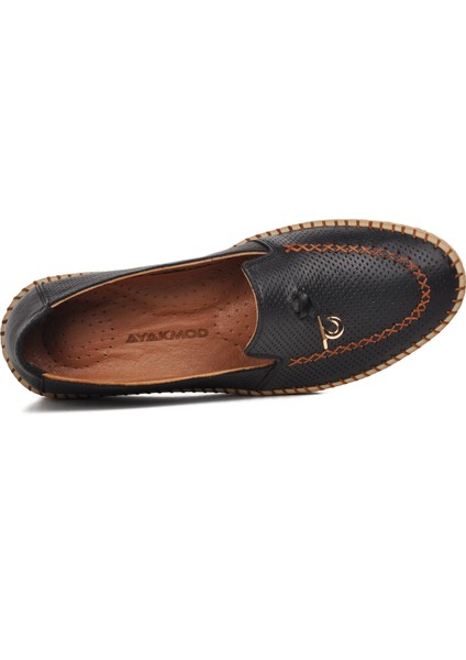 394162 Siyah Hakiki Deri Kadın Loafer Ayakkabı GENİŞ KALIP fırsatları
