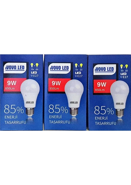 Ivovo 9W E27 Duy LED Ampul Beyaz Renk 6500 Kelvin 850 Lümen 3 Adet