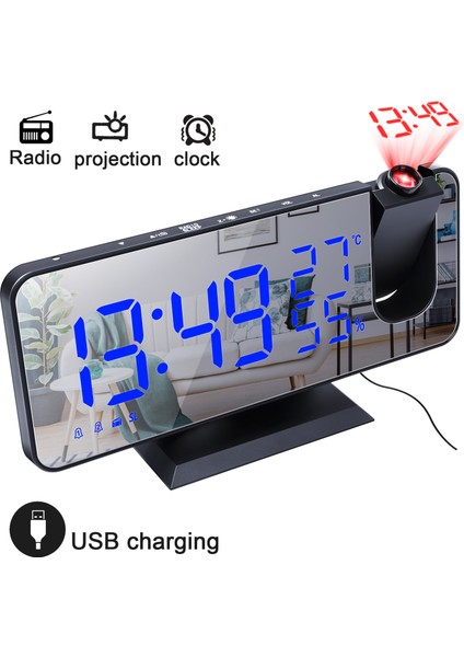 Çok Fonksiyonlu LED USB Dijital Ayna Projeksiyon Çalar Saat Ev Fm Radyo Termometre Higrometre USB Uyandırma Izle 180 ° Projektör Zaman Erteleme