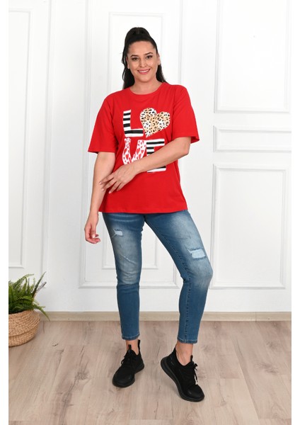 Kadın Büyük Beden Love Baskılı T-Shirt 1577-23