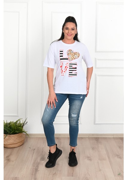 Kadın Büyük Beden Love Baskılı T-Shirt 1577-23