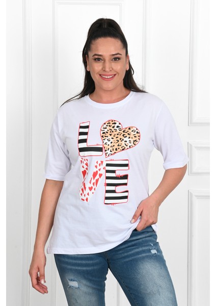 Kadın Büyük Beden Love Baskılı T-Shirt 1577-23