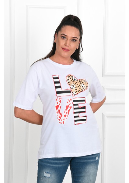 Kadın Büyük Beden Love Baskılı T-Shirt 1577-23