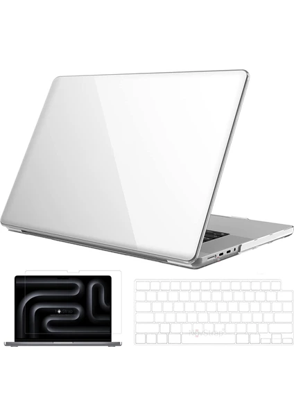 Novstrap Apple Macbook Pro 14 Inç M3 A2992 A2918 ile Uyumlu Parlak Kılıf + Şeffaf Klavye Kılıfı+Film