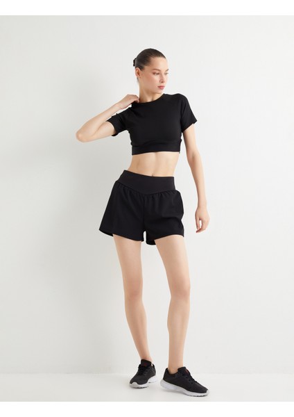 Spor Crop Tişört Slim Fit Kısa Kollu Bisiklet Yaka