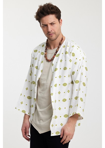 %100 Keten Kimono Kendinden Desenli Oversize Beyaz
