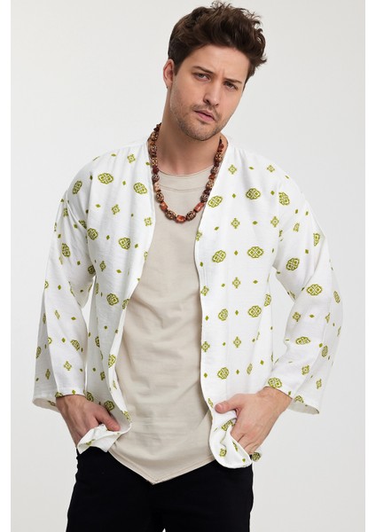 %100 Keten Kimono Kendinden Desenli Oversize Beyaz fiyatları
