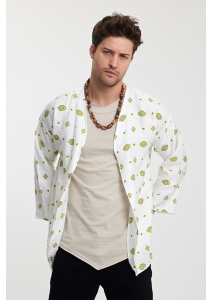 %100 Keten Kimono Kendinden Desenli Oversize Beyaz modelleri
