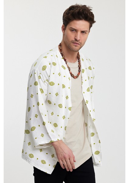 %100 Keten Kimono Kendinden Desenli Oversize Beyaz fırsatları