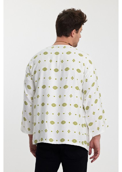 %100 Keten Kimono Kendinden Desenli Oversize Beyaz indirimleri