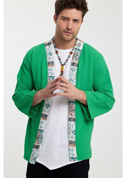 Bohem Kimono %100 Keten Bürümcük Kumaş Yeşil Renk