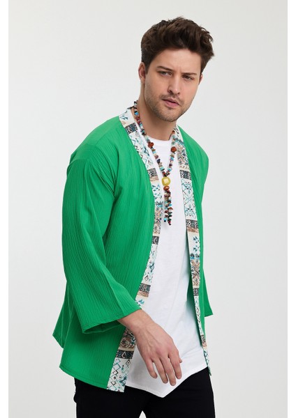 Bohem Kimono %100 Keten Bürümcük Kumaş Yeşil Renk