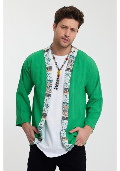 Bohem Kimono %100 Keten Bürümcük Kumaş Yeşil Renk
