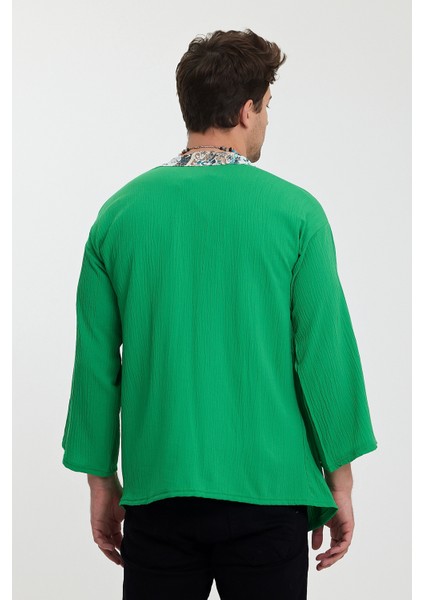 Bohem Kimono %100 Keten Bürümcük Kumaş Yeşil Renk
