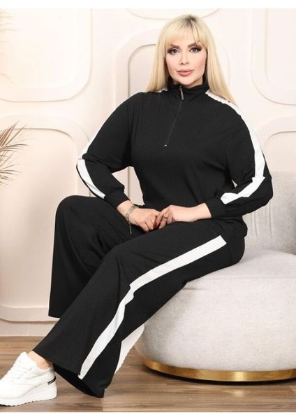 Kadın Büyük Beden Eşofman Omuzları Şeritli Kaşkorse Takım 21091 Siyah modelleri