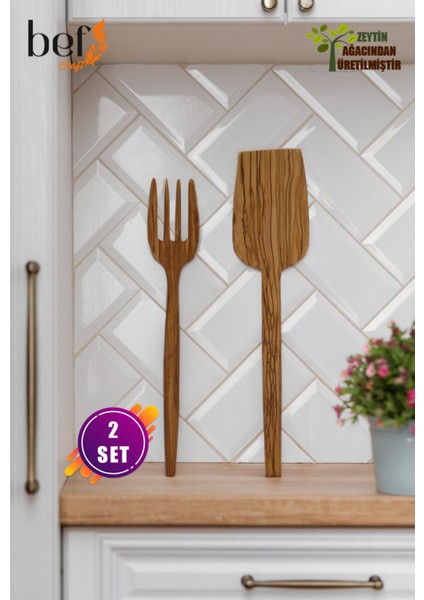 Bef Craft Tahta Yemek Servis Spatula Ahşap Servis Çatalı 2'li Set Zeytin Ağacı Mutfak Gereçleri Yemek Takımı