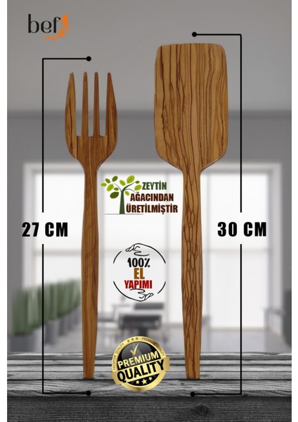 Bef Craft Tahta Yemek Servis Spatula Ahşap Servis Çatalı 2'li Set Zeytin Ağacı Mutfak Gereçleri Yemek Takımı