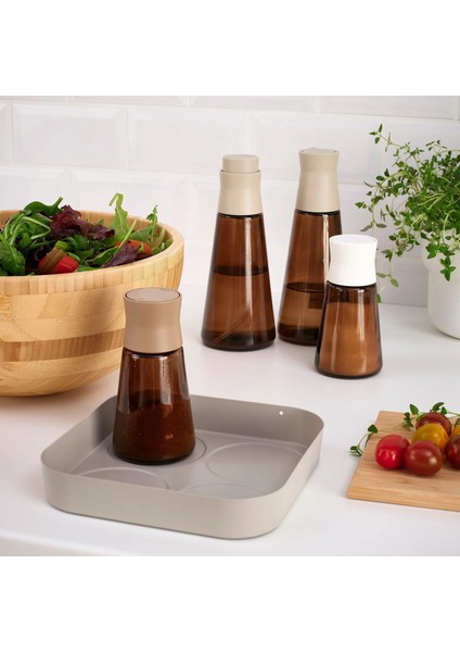 Halvtom Gri-Bej 17X17 cm Tepsi, 2 Adet 19 cm Yağdanlık, 2 Adet 12 cm Tuzluk-Biberlik 5li Set