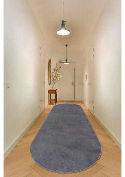 Antrasit Oval Post Halı Peluş Yumuşak Kaymaz Dot Taban