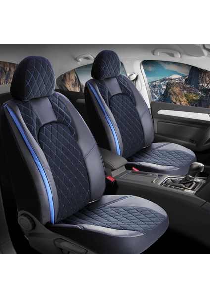 Hyundai Elantra Uyumlu Yarı Deri Oto Koltuk Kılıfı Ön Arka Set Chester Serisi Siyah Mavi Fs
