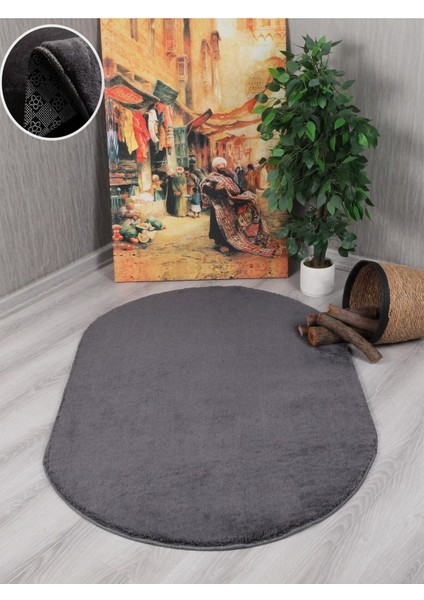 Antrasit Oval Post Halı Peluş Yumuşak Kaymaz Dot Taban indirimleri