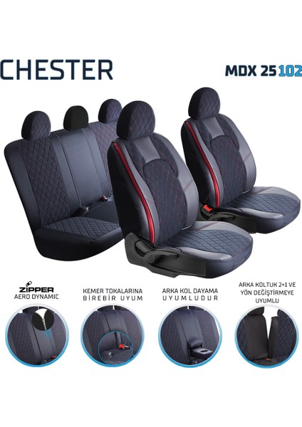 Fiat Uno Uyumlu Yarı Deri Oto Koltuk Kılıfı Ön Arka Set Chester Serisi Siyah Kırmızı Fs