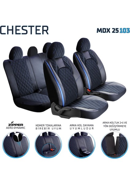 Tata Xenon Uyumlu Yarı Deri Oto Koltuk Kılıfı Ön Arka Set Chester Serisi Siyah Mavi Fs