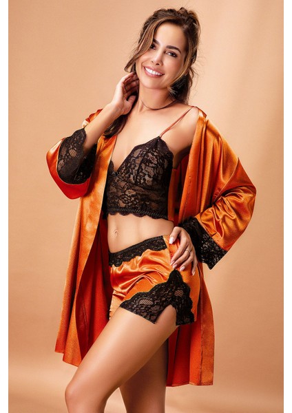 3509 Kadın Bralet Şort Kimono Takım-Amber