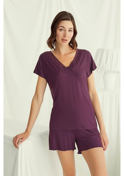 18499 Kadın V Yaka Kısa Kollu Şortlu Pijama Takımı-Bordo