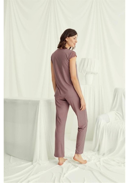 18509 Kadın V Yaka Dantelli Düğmeli Kısa Kollu Pijama Takımı-Kahve