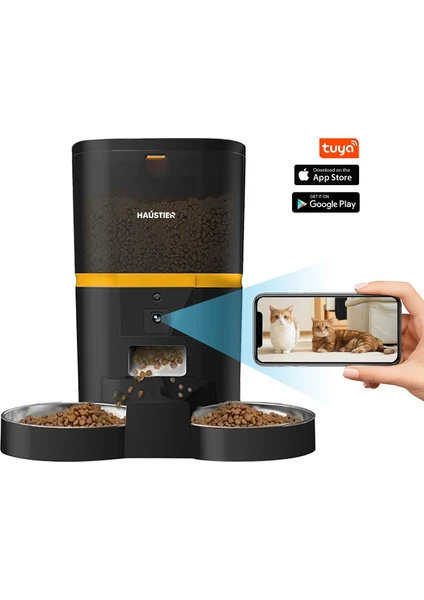 QQ005-Dual Kameralı Akıllı Kedi Köpek Otomatik Mama Kabı, App Uzaktan Kontrol, Sesle Çağırma, 480P Kamera, 6lt Hazne, Çift Metal Kase