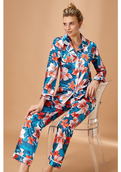 5654X Kadın Büyük Beden Saten Önden Düğmeli Uzun Kollu Pijama Takımı-Yeşil