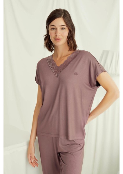 18512 Kadın V Yaka Kısa Kollu Pijama Takımı-Kahve modelleri