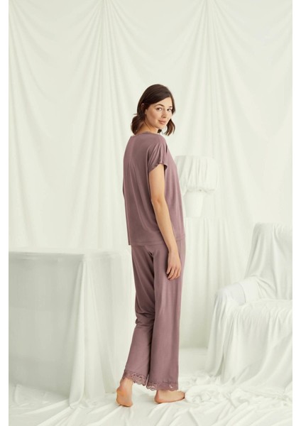 18512 Kadın V Yaka Kısa Kollu Pijama Takımı-Kahve fırsatları