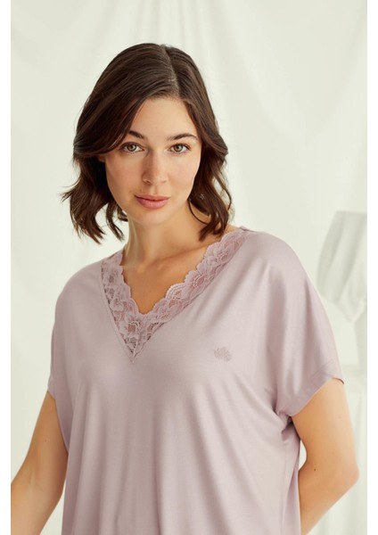 18486 Kadın V Yaka Kısa Kollu Pijama Takımı-Vizon fiyatları
