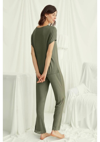 18488 Kadın V Yaka Kısa Kollu Pijama Takımı-Haki modelleri