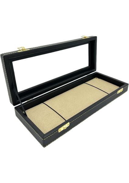 Tesbih Kutusu Dikişli Deri Camlı Siyah Içi Krem Spesiyal