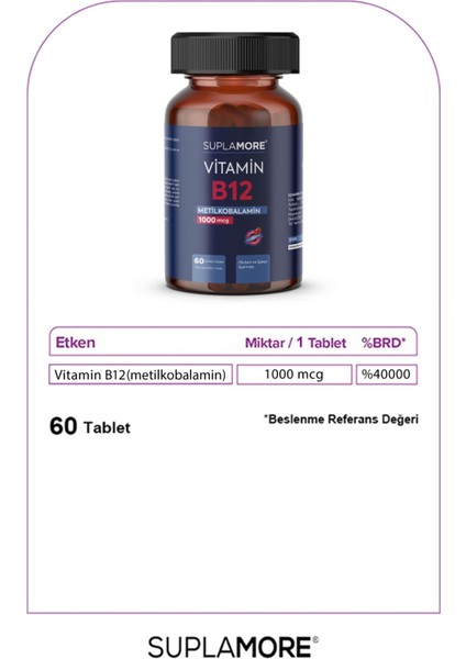 Suplamore Vitamin B12 1000 Mcg Metilkobalamin 60 Dil Altı Tablet