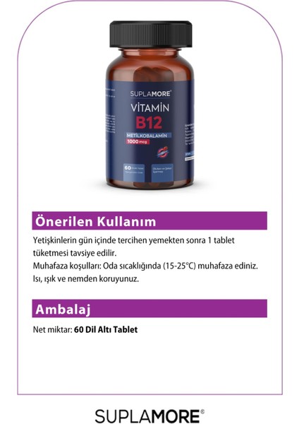 Suplamore Vitamin B12 1000 Mcg Metilkobalamin 60 Dil Altı Tablet