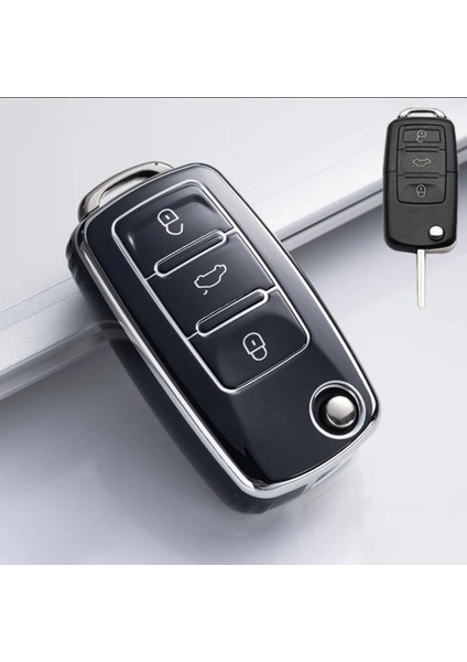 Octavia A5 Parlak Sustalı Anahtar Kılıfı Kalite Siyah Gümüş